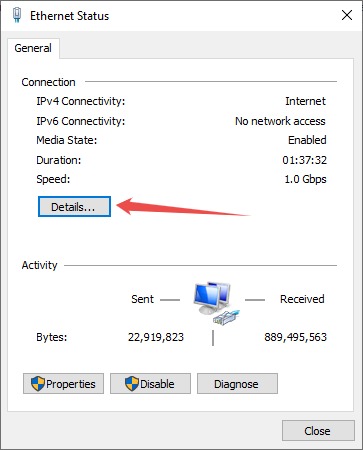 find IP address of your router in network settings in windows